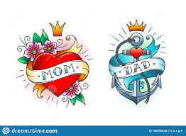 Spring is in the air, and floral tattoos are gaining more and more popularity. Set Of Classic Tattoo Heart With Flowers And Word Mom On Ribbon Anchor With Rope And Ribbon With Word Dad Stock Vector Illustration Of School Marine 140976230