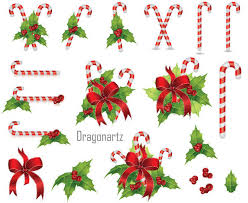 108kb, red christmas bow with holly, drawing picture with tags: Free Christmas Candy Cane With Holly Berry And Red Bow Vector Art