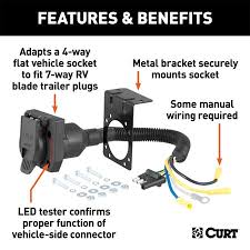 10 ft 7 way plug inline trailer rv cord with junction box item name 36' trailer wiring harness with 28' male & 8' female 3 tow hitch led light mounting bracket clamps holder kits 10 ft 7 way plug inline trailer rv cord with junction box applications 36' trailer wiring fits for longer trailers and for customers desiring to wire. Curt Hitch 57676 Trailer Wiring Connector Adapter 4 Way Flat Vehicle Socket To 7 Way Blade Trailer Plug Includes Mounting Bracket And Hardware Walmart Canada