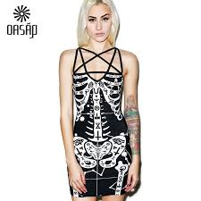 Us 26 12 Oasap Dress 2016 Summer Style Women Night Club Rock Patterns Dress Halloween Black Sleeveless Occult Bones Printed Dress 67511 In Dresses