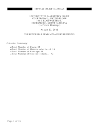 OFFICIAL COURT CALENDAR UNITED STATES BANKRUPTCY COURT COURTROOM 1, SECOND  FLOOR 101 S. EDGEWORTH ST. GREENSBORO, NORTH CAROLINA
