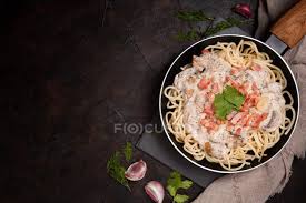Add garlic and stir until fragrant, 1 to 2 minutes. Composition Of Tasty Spaghetti With Ham Slices And Mushrooms In Creamy Sauce Cooked In Pan And