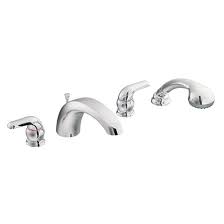The right faucet handles can be difficult to find because there are many different designs and few universal replacements. Moen Adler Chrome 2 Handle Deck Mount Roman Bathtub Faucet With Hand Shower 86998 Rona