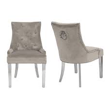 Featuring a curved high back, plush cushioned seat, and deep tufted light gray velvet upholstery studded with nailheads, this dining chair is sure to take your dining experience to a whole new level. Pair Of Mink Velvet Dining Chairs With Knocker Back Jade Boutique Furniture123