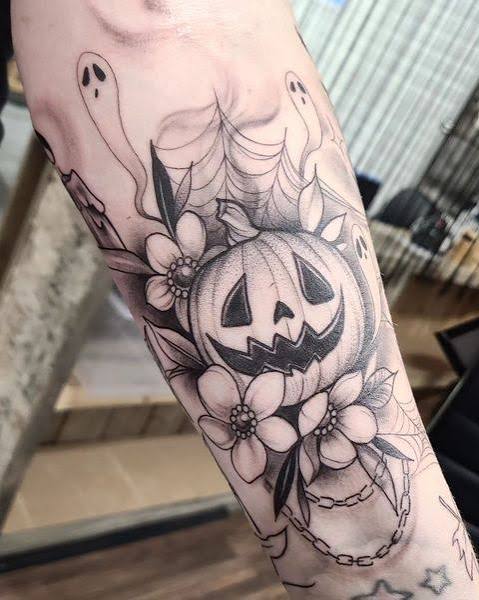 Mama Tried - Tattoo Smith | Halloween-themed sleeve tattoo in the works by @kristylynneart!! We can already feel the spooky vibes from this black and grey piece! 👻⁠ ⁠... | Instagram