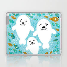 Happy Family Of White Seals And Fish On A Blue Background Laptop Ipad Skin Seal Cartoon Fur Seal Blue Backgrounds