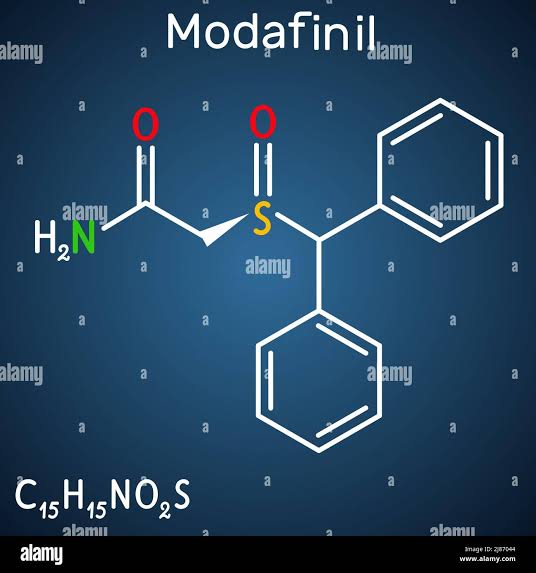 Modafinil molecule. It is stimulant, wakefulness promoting agent. Structural chemical formula on the dark blue background. Vector illustration Stock Vector Image & Art - Alamy
