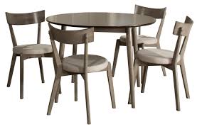 Each of the natural beech wood legs is angled outwards for a retro feel. Mayson 5 Piece Round Dining Set With 4 Upholstered Chairs Gray With Chocolate Finish Top