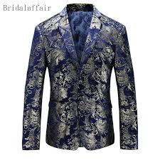 Us 43 55 35 Off Wonderful Navy Blue Mens Gold Floral Blazer Elegant Slim Fit Jacket Performance Casual Suit Golden Printed Suit Coat For Stage In