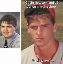 2028 is coming. This image compares high school photos of J.D. Vance and  Gavin Newsom, two political figures representing sharply different  approaches to America's next generation of leadership. It's often shared  with