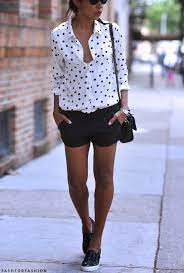Ruggedly stylish, comfy and functional, you'll find yourself wearing these cargo and athletic shorts time after time. Women S White And Black Polka Dot Dress Shirt Black Shorts Black Leather Slip On Sneakers Black Leather Crossbody Bag Womens Street Style Spring Fashion Fashion Outfits