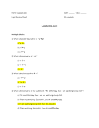 Let $p$ and $q$ be statements. Name Answer Key Date Class Logic Review Sheet