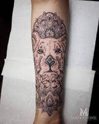 Lioness Mandala Style Tattoo Forearm Tattoo With Linework And Dot Work Mandala Animal Tattoo Tattoo Ideas For Girls Tattoos Forearm Tattoos Animal Tattoos