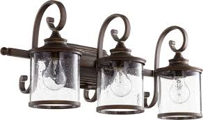 This stunning vanity light is comprised of three drum shaped glasses and a rose gold tray. San Miguel Bathroom Vanity Light By Quorum 5073 3 39