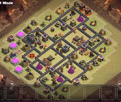Coc th 9 base design is such that all collectors and mines are kept inside of base so that available loot is not so vulnerable to enemy troops and kept protected. Coc Town Hall 9 Base