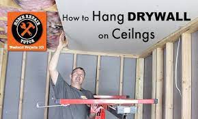 You mud the backside, create a 2x4 t to hold it tight against the ceiling and then nail it in with concrete nails. How To Hang Drywall On Ceilings Home Repair Tutor