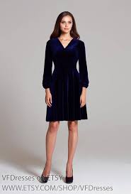 Dark Blue Velvet Dress With V Neckline Short Evening Dress With Long Sleeves Dress For A S Dark Blue Velvet Dress Blue Velvet Dress Short Blue Velvet Dress
