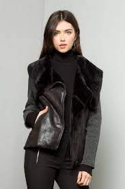 Thml Women S Faux Leather Jacket With Faux Fur Contrast Shearling Jacket Faux Suede Shearling Jacket Knit Sleeve