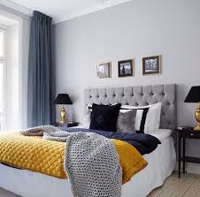 While you browse gray bedroom decorations, think texture, contrasting materials and splashes of color. Beautiful Bed Bedroom Black Blue Cozy Curtains Dark Dark Blue Gold Grey Headb Blue Bedroom Colors Beautiful Bedroom Colors Bedroom Decor Inspiration