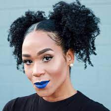 Natural Hairstyle Space Buns Curly Hairstyle Textured Hairstyles Blue Lipstick Makeup For Medium Skin T Natural Hair Styles Curly Hair Styles Hair Styles