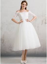 Ball Gown Off The Shoulder Tea Length Beading Sequins Zipper Up Covered Button Sleeves 1 2 Sleeves Hal Tulle Wedding Dress Tea Length Tulle Short Wedding Dress