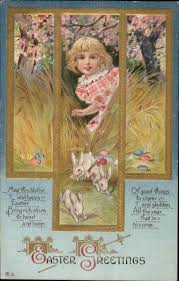 Easter Series 35 Children Nice Border Little Girl Rabbits C1910 Postcard 6 89 Easter Art Holiday Postcards Easter Postcards