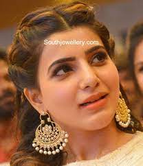 Samantha Prabhu In Gold Chandbalis Saree Hairstyles Front Hair Styles Actress Hairstyles