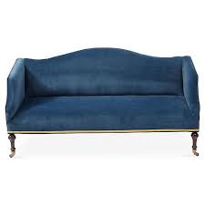 Two matching throw pillows and two green tufted accent pillows are included. Lydia Camelback Settee Peacock Velvet Blue Velvet Couch Peacock Velvet Settee Sofa