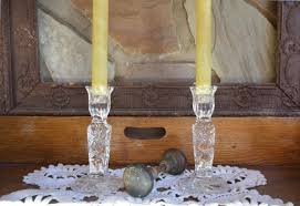 Solid wood candle holders, stained in dark walnut, complete the look to create a warm, romantic atmosphere. Vintage Lead Crystal Candlesticks Crystal Candle Holders Pinwheel Star Of David Design Lead Glass Candle Sticks Crystal Candlesticks Glass Candlesticks Crystal Candle Holder