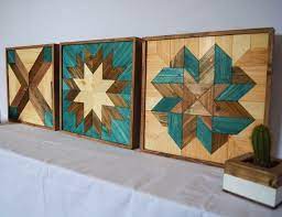 Wood Wall Art Turquoise Bundle Tryptic Set Of Three Star Quilt Patterns Arte De Parede De Madeira Artesanato Em Madeira Arte Em Madeira