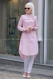 Selma Sari Pembe Firfirli Tunik Mutevazi Moda Gomlek Elbise Tunik