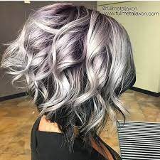 Ask your stylist for silver hair with dark roots, styled with braids. Love This Color Combo Of Deep Purple And Silver Hair Fullmetaljaxon 50shadesofgrey Greyhair Curlybob Voiceof Hair Styles Short Hair Styles Hair Color
