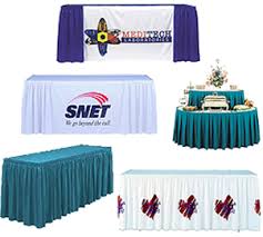 Here at premier table linens, we manufacture the most requested custom height skirting for stages, risers, bars, counters, demo tables, stands and dj booths. Table Covers Trade Show Table Skirts Table Runners Table Cloths Fitted Table Cover Sets