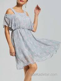 2018 Sifon Elbise Modelleri Gri Kisa Kare Yaka Askili Omzu Acik Desenli Sifon Elbise The Dress Elbise Modelleri