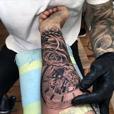 Man With Forearm Tattoos Sleeve Designs Pocket Watch And Rose Forearm Sleeve Tattoos Half Sleeve Tattoos Forearm Tattoo Sleeve Designs