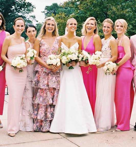 pink bridesmaid dresses with ivory flowers