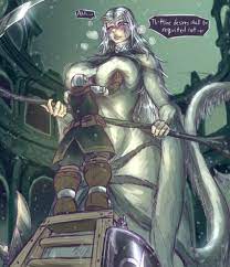1boy 1girls blush breast grab chosen undead clothed crossbreed  priscilla dark souls fromsoftware giantess green eyes heavy breathing huge  breasts human interspecies plasmidhentai scythe size difference tail text 