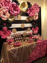 Kate Spade Themed Dessert Table Hot Pink Black White And Gold Pink And Gold Birthday Party White Party Decorations Pink Black Gold Party