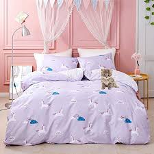 Jumeey Girls Duvet Cover Unicorn Bedding Set Queen Purple Cartoon Soft Cotton Bedding Full Size For Toddler Kids Reversible Rainbow Striped Duvet Cover With 2 Pillow Shams Buy Online In Bahamas At