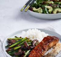 Mirin Glazed Salmon and Vegetables with Avocado Salad
