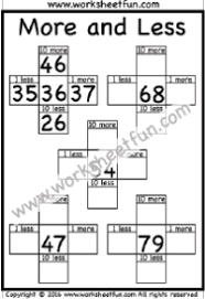 10 more 10 less 1 more 1 less four worksheets free