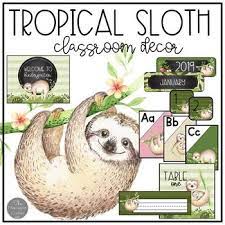 I Love These Little Watercolor Sloths This Is The First Set In A Series Of Sloth Decor Tropical Leaves Flow Classroom Decor Preschool Classroom Themes Sloth