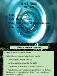 Dalam pengelasan biome tabng kehidupan liar sedunia, hutan hujan tropika sering dianggap sebagai jenis hutan basah tropika dan mun Geografi Jenis Jenis Hutan