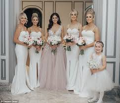 Bride Breaks Tradition And Wears Pink Gown But Bridesmaids Wear White Mermaid Bridesmaid Dresses Bridesmaid Satin Bridesmaid Dresses