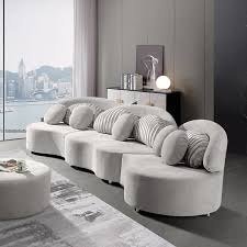 Light grey velvet sectional sofa. Modern 7 Seat Sofa Round Sectional Light Grey Velvet Upholstered With Ottoman Pillows