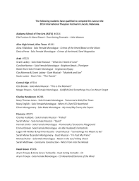 Monologues from musicals, in particular, can be hard to find since most of them are songs. The Following Students Have Qualified To Compete This June At The