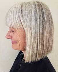 60 Poker Straight Blunt Gray Bob With Bangs Grey Hair With Bangs Blunt Bob With Bangs Hair Styles