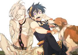 anbe, narancia ghirga, pannacotta fugo, jojo no kimyou na bouken, 2boys,  bandana, belt, black hair, choker, dog, headband, laughing, male focus,  midriff, multiple boys, necktie, purple eyes, short hair, white hair -
