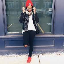 Black Leather Moto Jacket With All Red Sneakers Red Sneakers Outfit Sneaker Outfits Women Winter Sneakers Outfit