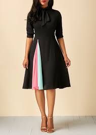 Half Sleeve Tie Neck Patchwork Black Dress Liligal Com Usd 32 53 Midi Dress Party Black Dress With Sleeves Women S Fashion Dresses